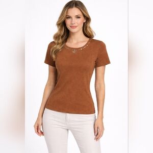 City Girl By Nancy Bolen Embellished Brown Short Sleeve Top  Sz.L #1913